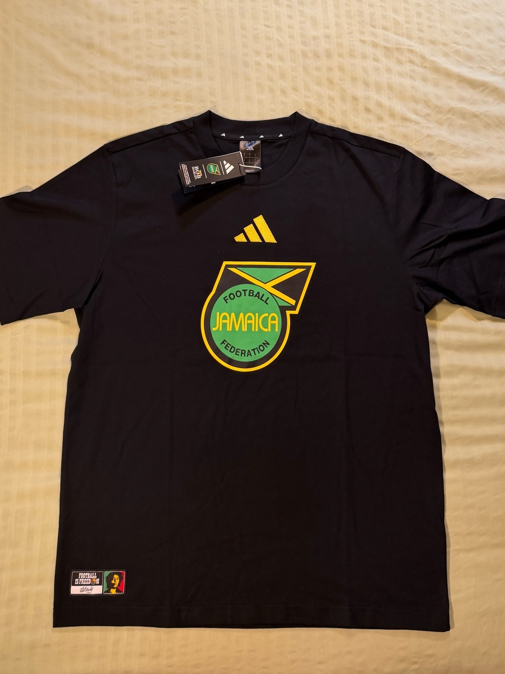 adidas Black T‑Shirt with Yellow and Green Jamaica Crest Bob Marley